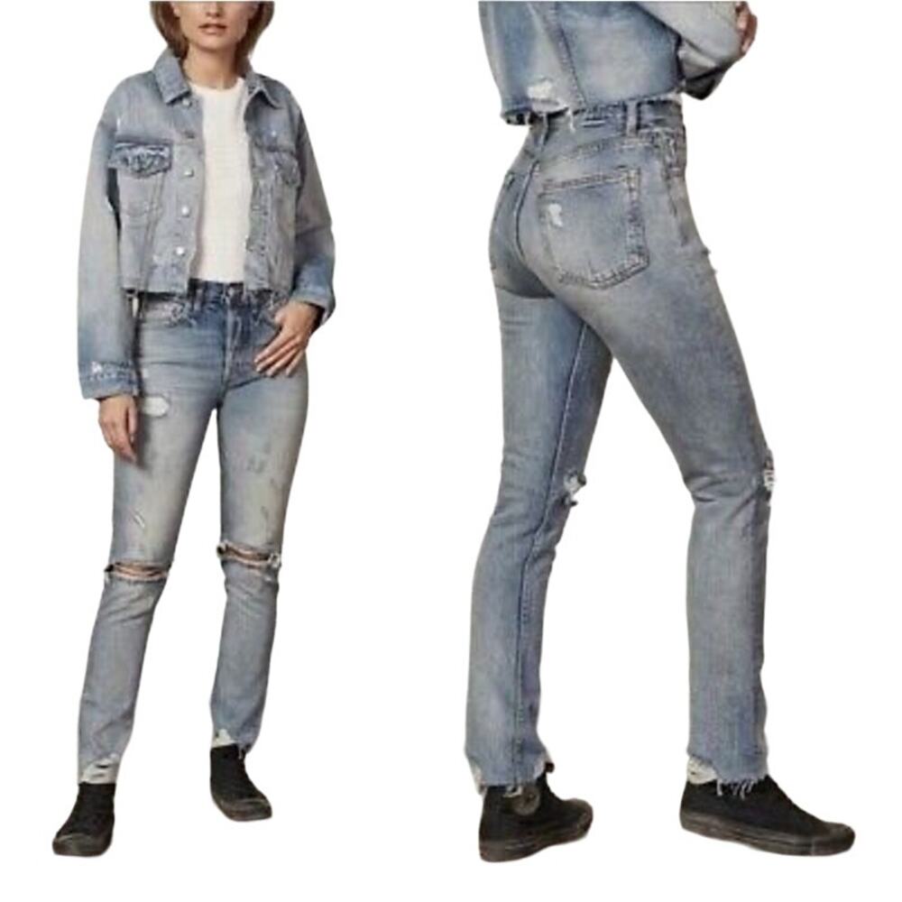 Boyish By Her Billy Distressed High Rise Skinny Ankle Jeans 24 Blue Denim Cotton